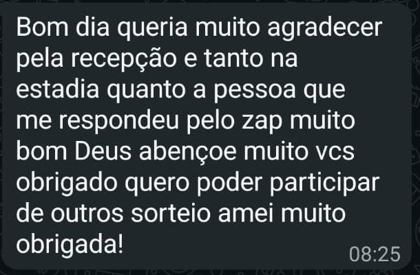 Mensagem de WhatsApp de uma hóspede agradecendo a recepção e a estadia